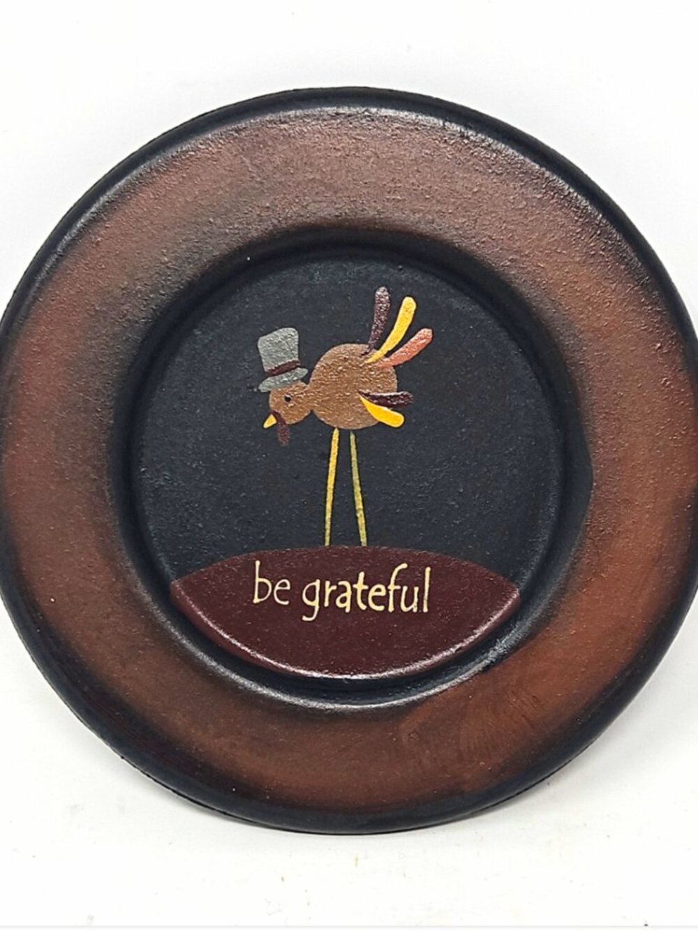 Michelle Kildow Hand Painted Wood Folk Art Be Grateful Thanksgiving Turkey Plate